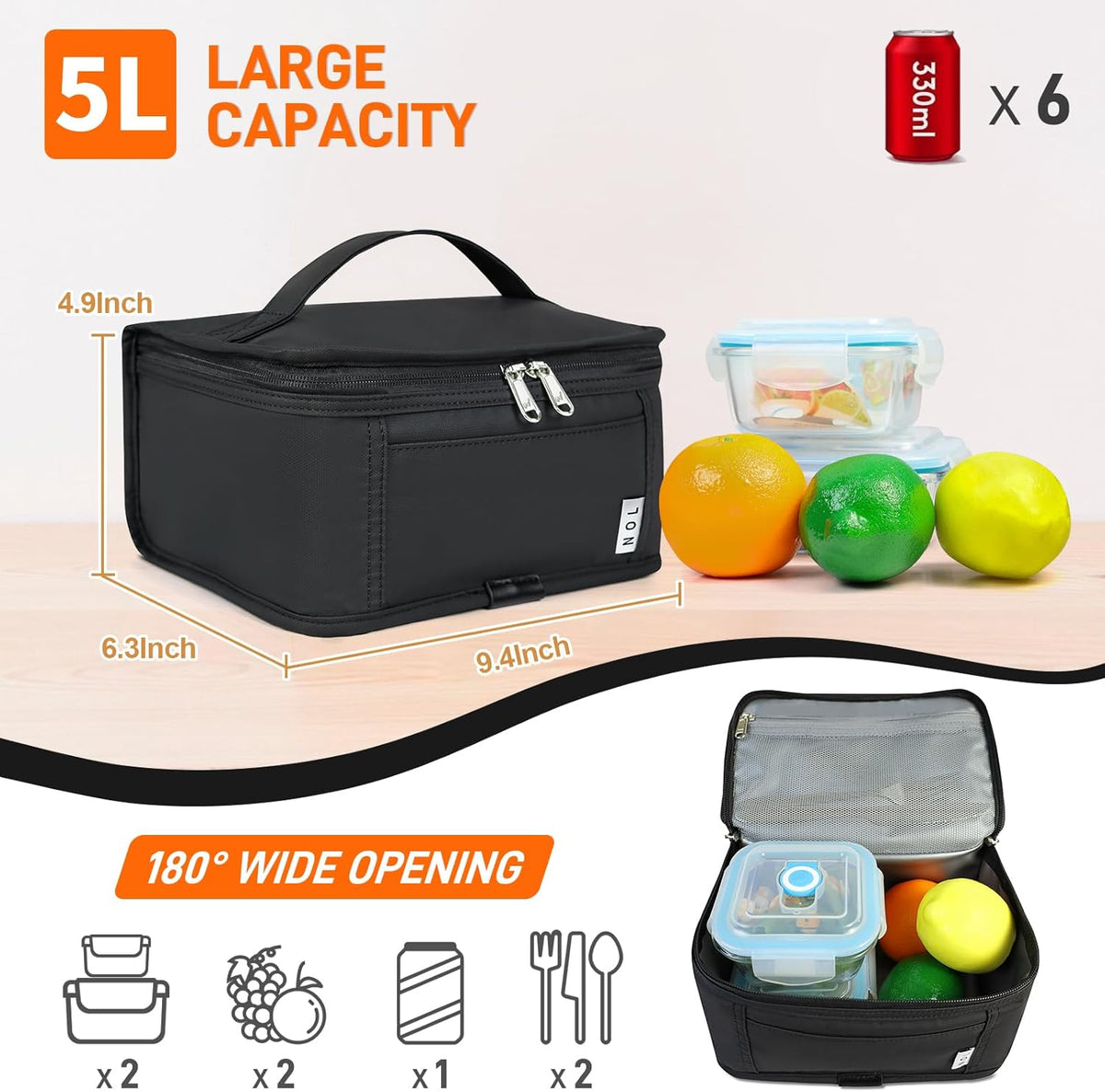 NOL Natural Organic Lifestyle Small Lunch Bag Mini Lunch Box Insulated Lunch Bag for Men/Women Leakproof Cooler Tote Bag Lightweight Nylon Waterproof Lunch Box For Work, Black