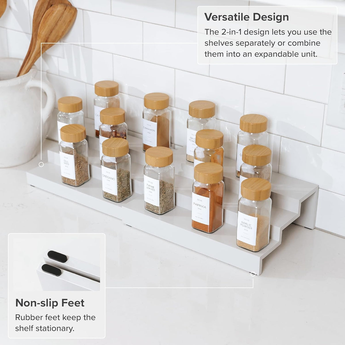 KitchenEdge Expandable Spice Rack Organizer for Cabinet, 3-Tier Shelf for Spice Organization (11” to 22”), Fits 36 Spice Jars, Seasoning and Pantry Storage, Non-Slip Feet, 100% Bamboo, White Finish