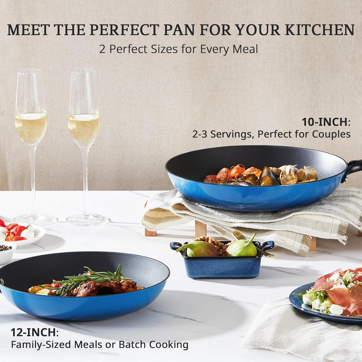 KITESSENSU Enameled Cast Iron Skillets - Non Stick Frying Pans Set with Durable Wooden Handle - 10&12 Inch Titanium Cast Iron Pans for Multi-Cooking - Pre Seasoned Cookware Set - Gradual Cobalt Blue