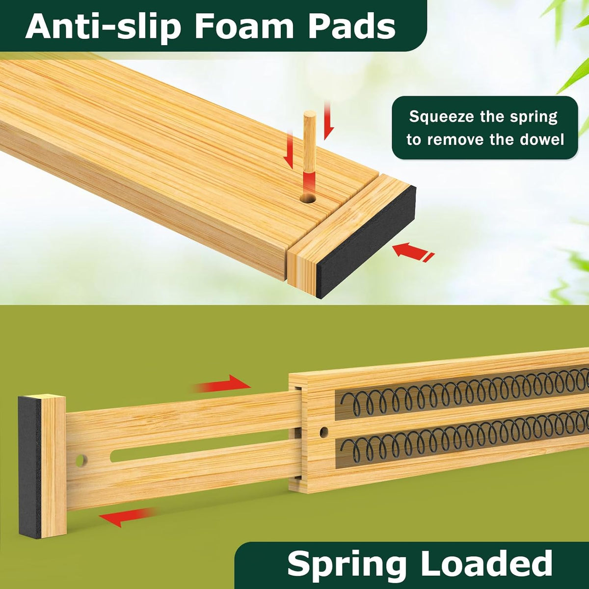 Lzerking Kitchen Drawer Dividers 6 Pack, 17-22" Adjustable Bamboo Drawer Organizers Large, Spring Loaded, Expandable Utensil Organizer, Works in Kitchen, Dresser, Closet, Bathroom, Bedroom