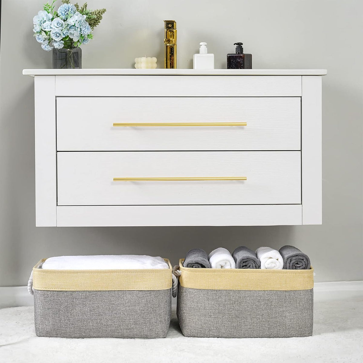 TheWarmHome Storage Basket - 15.7L×11.8W×8.3H 1 Pack Large Baskets for Organizing Shelves, Storage Bins for Clothes Book Shelf Home Fabric Storage Cubes (Gold and Grey)