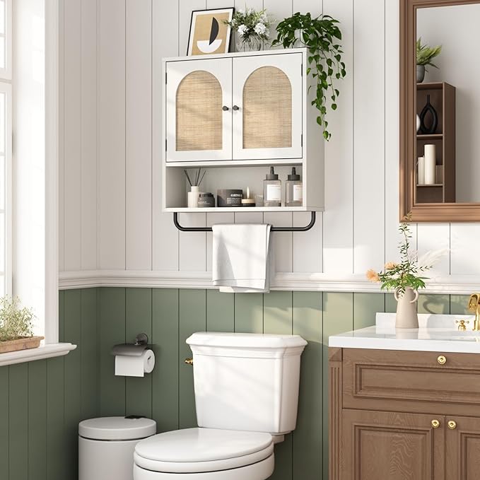 RUSTOWN Rattan Bathroom Wall Cabinet, Boho Medicine Cabinet with 2 Arched Doors, Farmhouse Over The Toilet Storage Cabinets with Adjustable Shelves & Towel Bar, 3-Tier Wall Mounted Cabinets