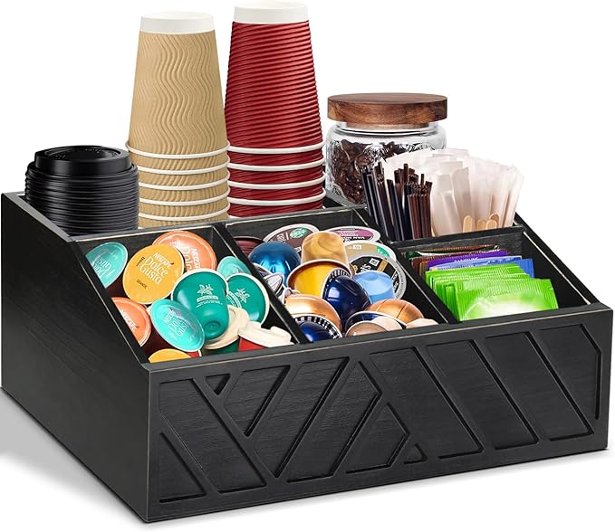 ugiftt Coffee Station Organizer for Counter, Wood Coffee Pods Holder Storage Basket, Tea Condiment Storage Organizer, Rustic Bar Decor for Accessories Organizer