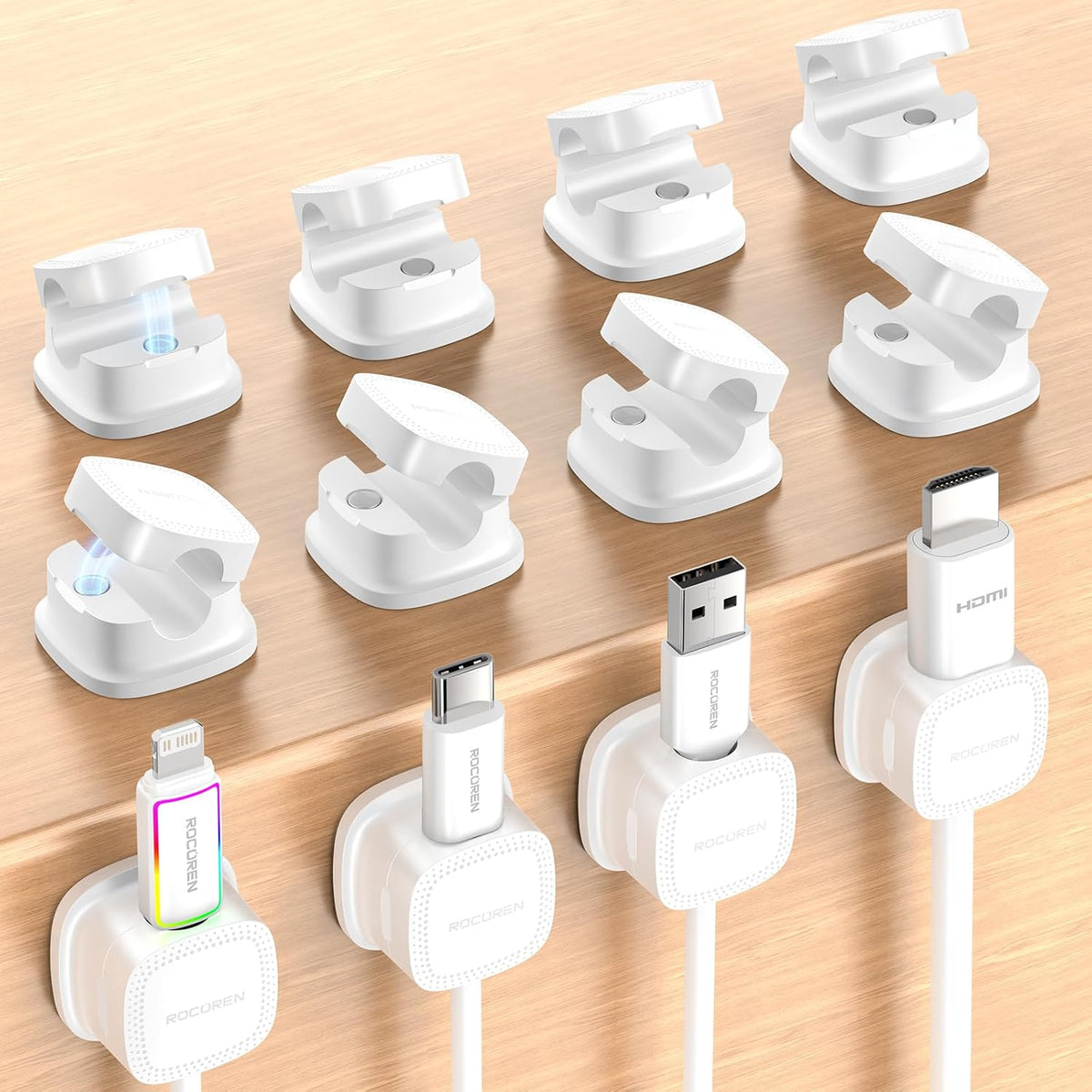 12-Pack Magnetic Cable Clips Cord Organizer-Cable Smooth Adjustable, Rocoren Desk Cable Management Accessories,Cable Holder Clips Wire Holder Keeper for Desktop,Nightstand,Wall,Home Office,Phone,Car