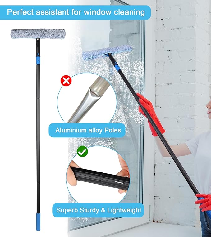 Window Cleaning Kit with Storage Bucket, Window Squeegee with 4.13ft Extension Pole, Scrubber, Spray Bottle,Duster Cloth, Squeegee with Rotating Head, Professional Window Cleaning Tools