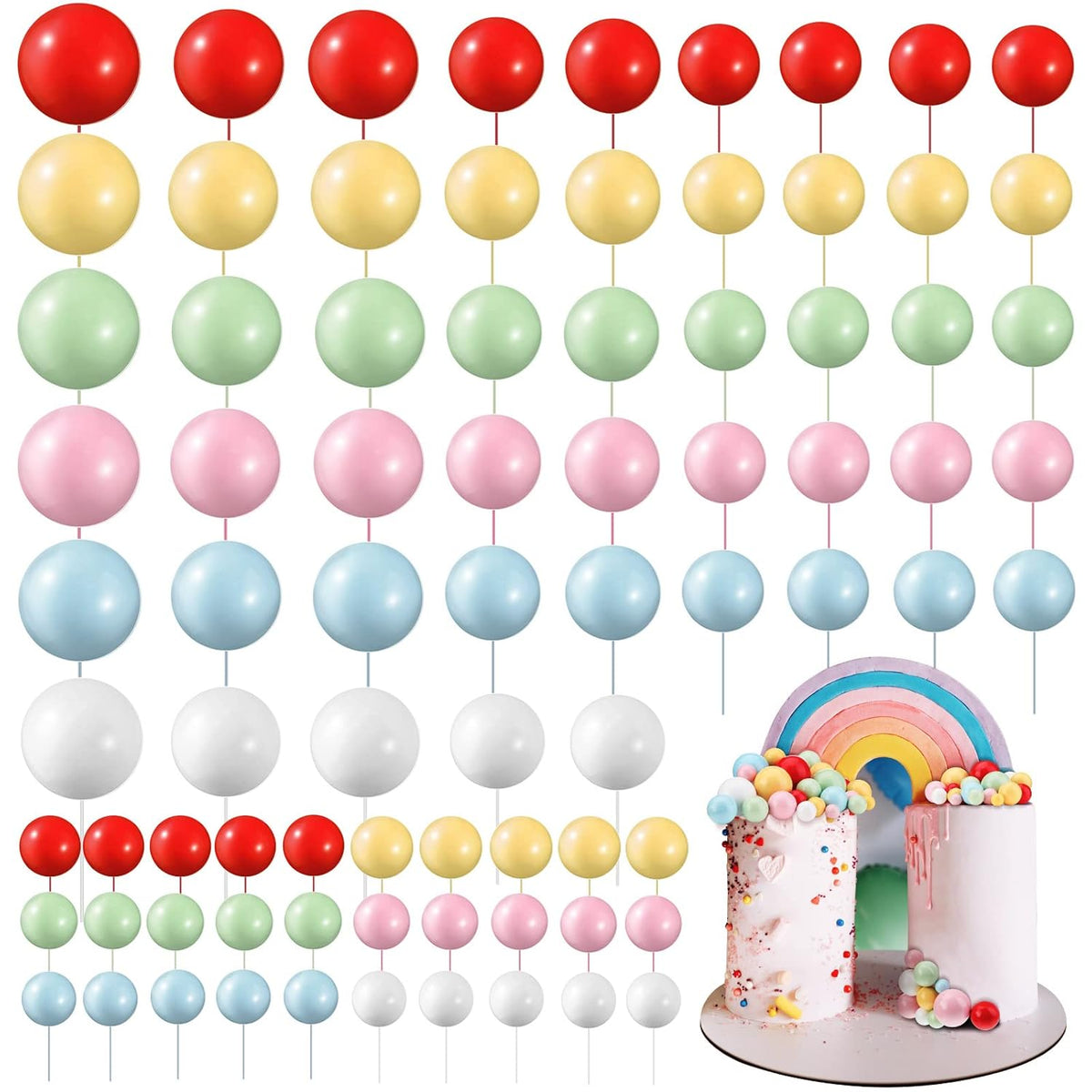 108 Pcs Balls Cake Topper DIY Cupcake Insert Foam Balloons for Cake Baking Wedding Anniversary Birthday Decoration(Pastel Colors,Multi Sizes)