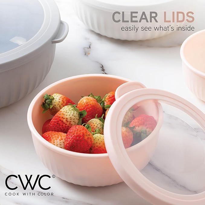 COOK WITH COLOR Prep Bowls with Lids- Wide and Deep Nesting Plastic Small Mixing Bowl Set with Lids, 8 Piece Set - Wide Bowls, Grey/Pink