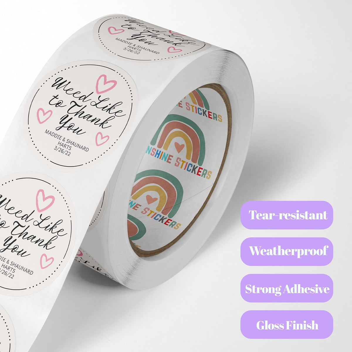 150 Custom Circle/Square BOPP Roll Labels- Personalized Stickers for Business Logo, Party, Wedding Favor, Baby Shower-Any Design Text + Image, Matte/Gloss Finish (1.5 Inch Square)