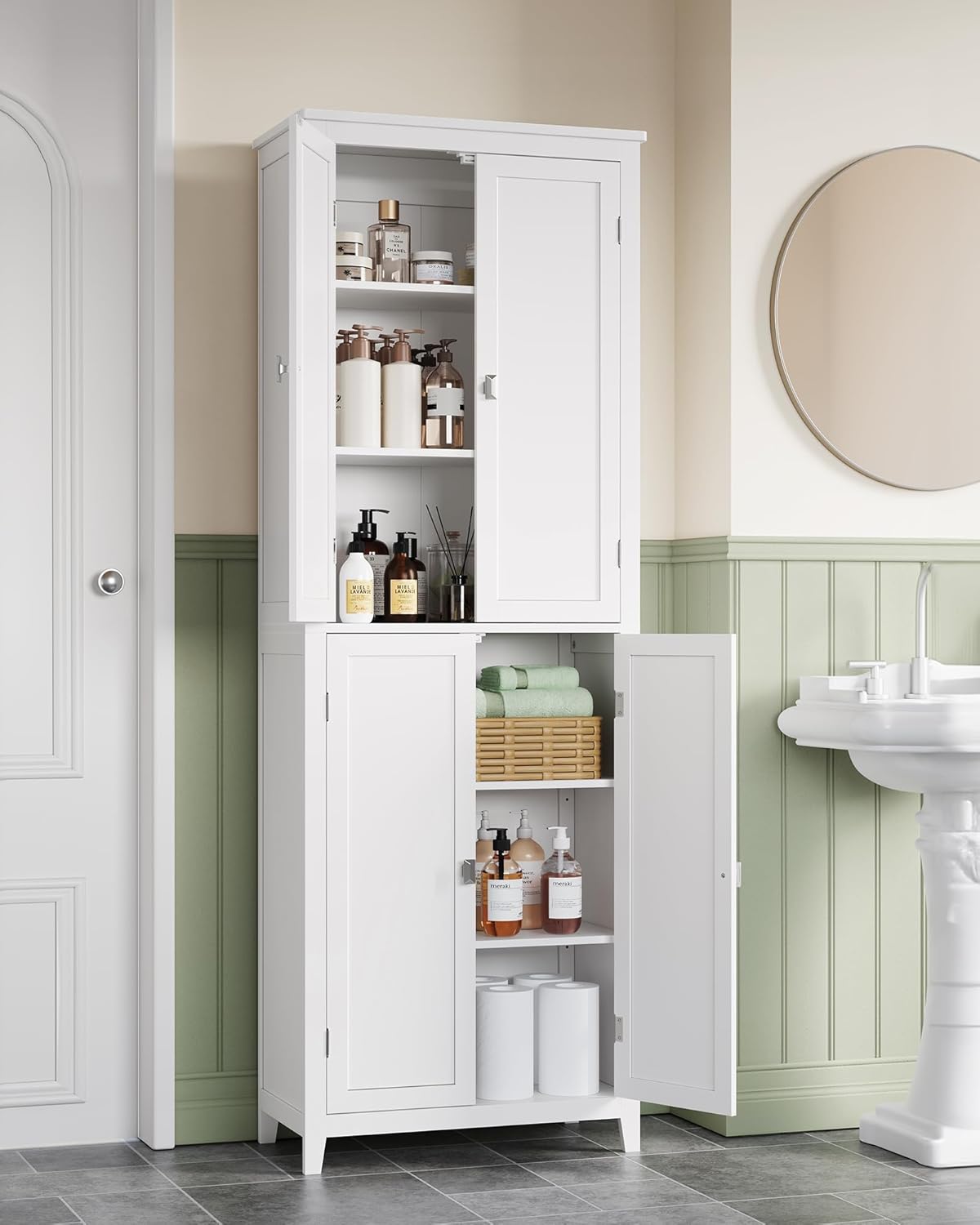 VASAGLE Floor Storage Cabinet, Freestanding Storage Unit with 4 Doors, Adjustable Shelves, 11.8 x 23.6 x 66.9 Inches, for Entryway, Bathroom, Cloud White UBBC550W01