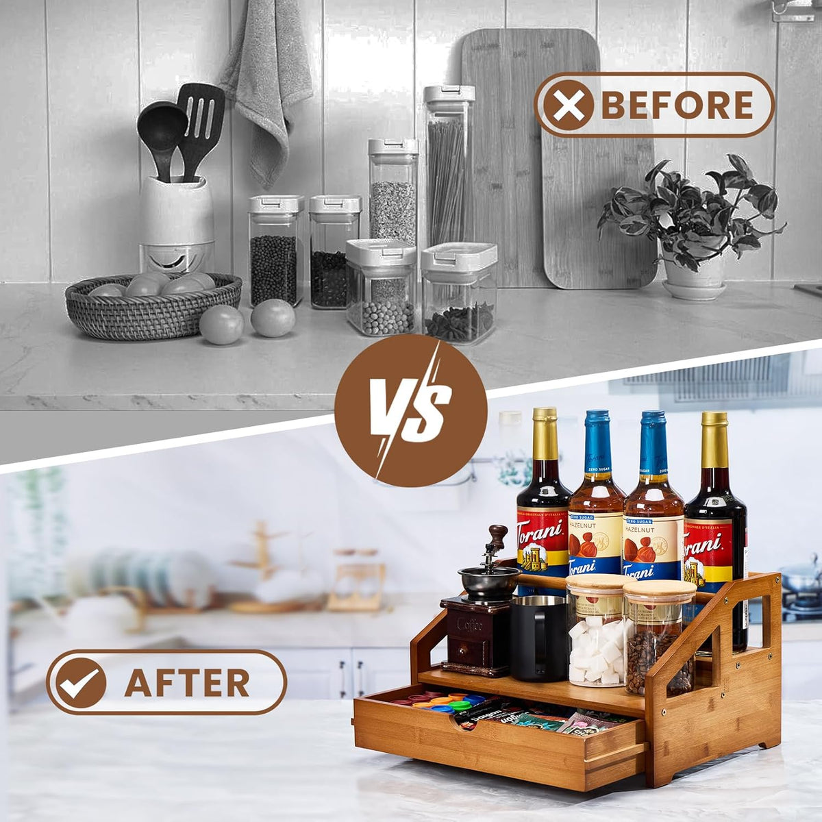 Bamboo Coffee Syrup Rack Organizer 3 Tier Coffee Syrup Rack with Cup Storage Box for Coffee Bar,Syrup Bottle Holder Stand for Syrup,Wine,Dressing for Kitchen Coffee Station,Brown