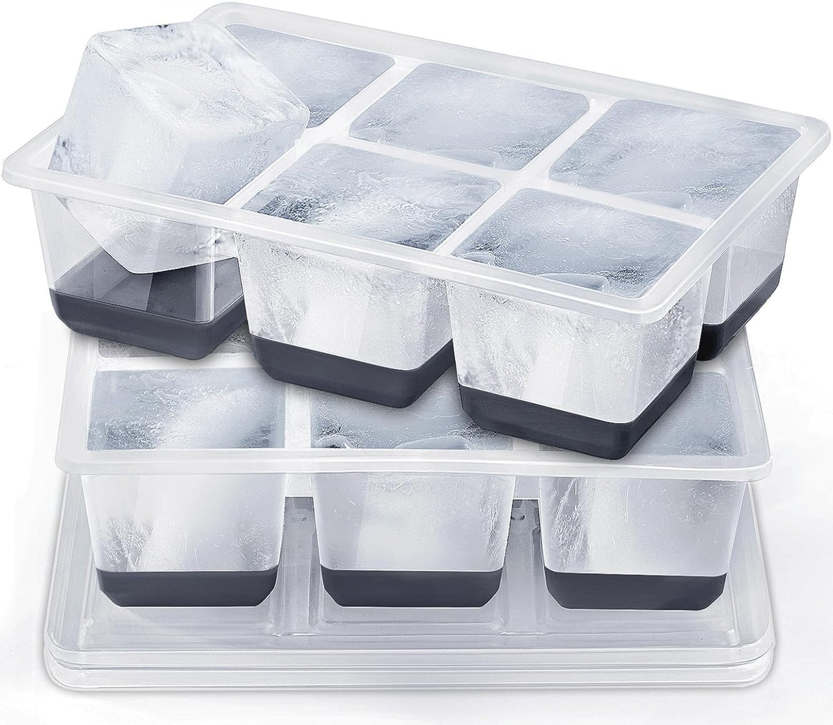 Ice Cube Trays 2 Pack, JRISBO Large Silicone Ice Cube Molds with Leak-Proof Lid, Transparent TPE Frame & Easy Release Bottom, Stackable Freezer Ice Trays for Whiskey, Cocktails, Soup, BPA Free