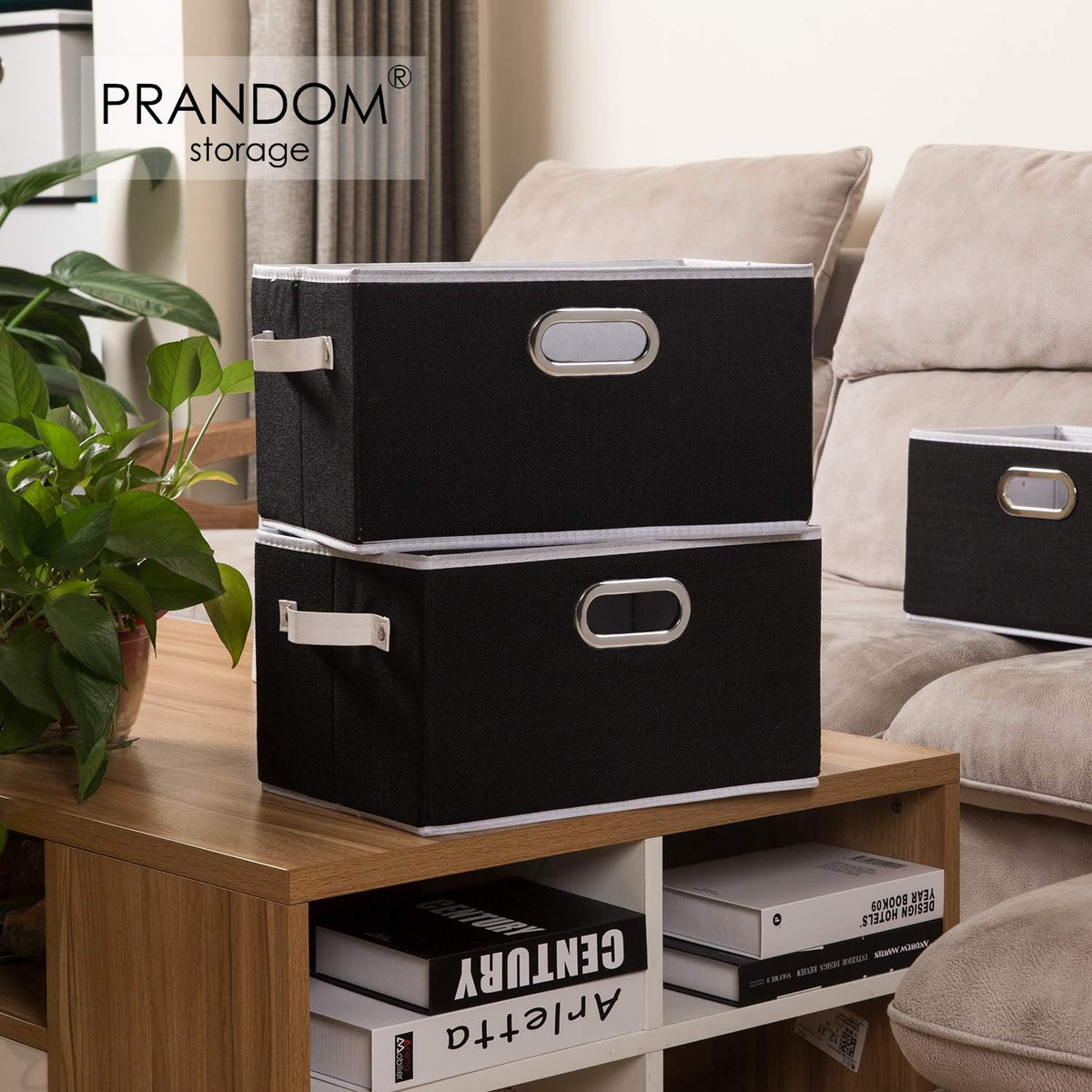 PRANDOM Fodable Storage Baskets for Closet [5-Pack] Decorative Fabric Storage Bins Cubes with Leather/Metal Handles for Shelves Bedroom Living Room Black (11.5x8.5x6.7 Inch)