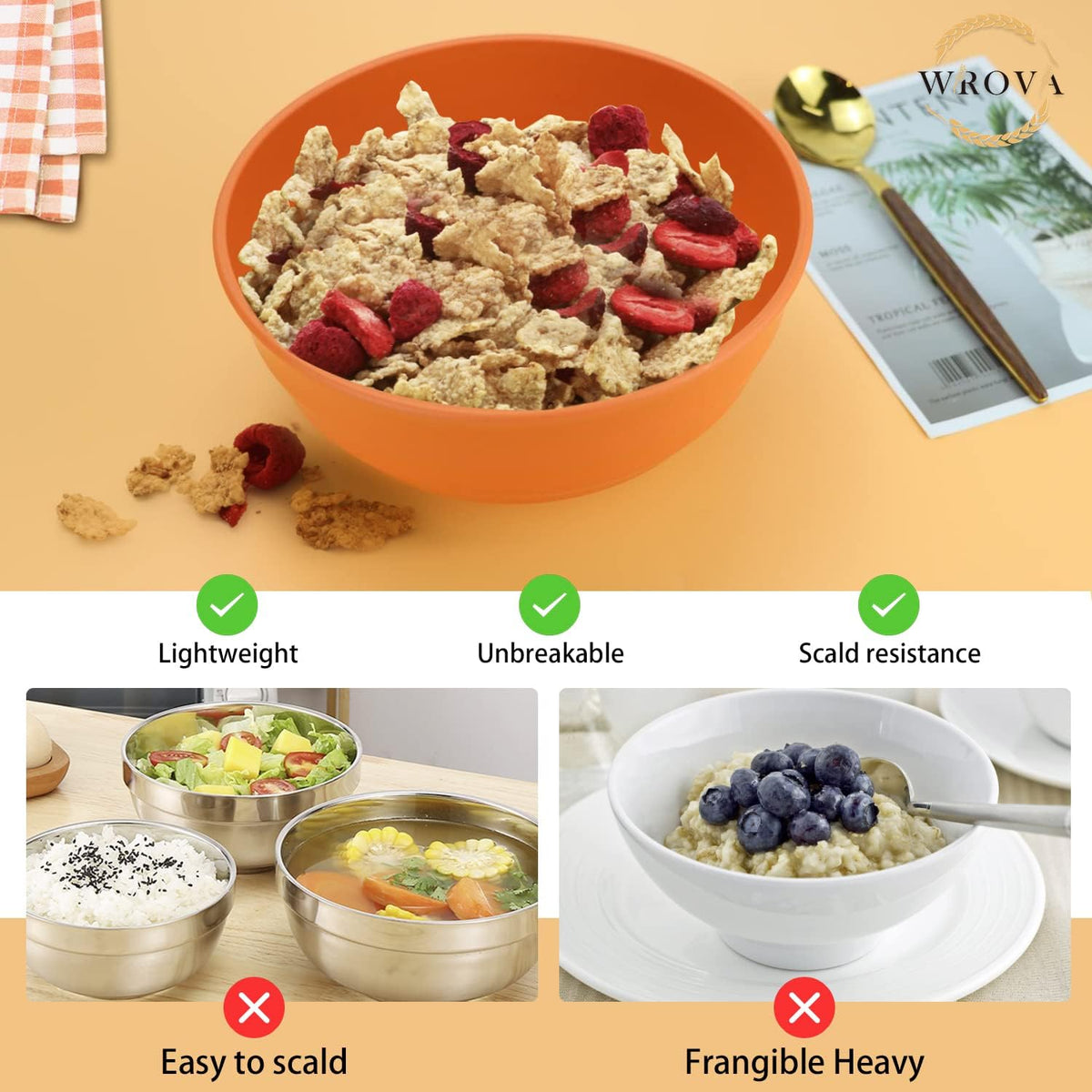 Wheat Straw Bowls Set 60 OZ Unbreakable Large Cereal Bowls Set of 6 Microwave and Dishwasher Safe Bowls Big Bowls for Eating BPA Free Soup Bowl for Serving Oatmeal and Salad Orange