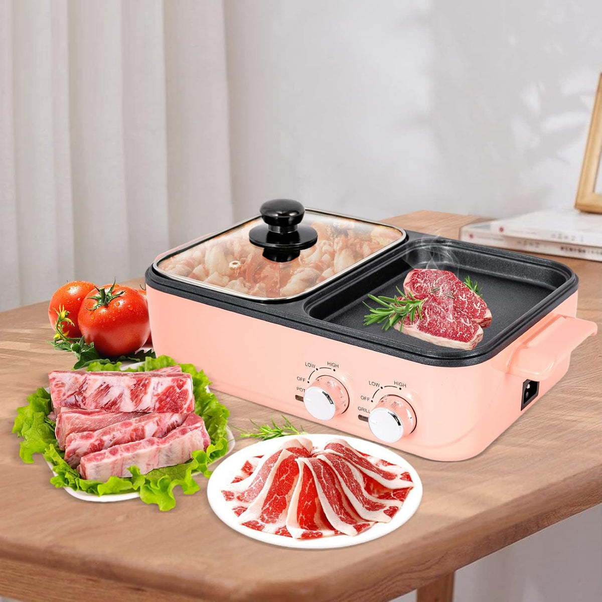 Hot Pot and Grill, 2 In 1 Electric Hot Pot Grill Cooker, Non-Stick Multi-Functional Smokeless Shabu Korean BBQ Pan Indoor with Dual Temperature Control, Capacity for 2-4 People