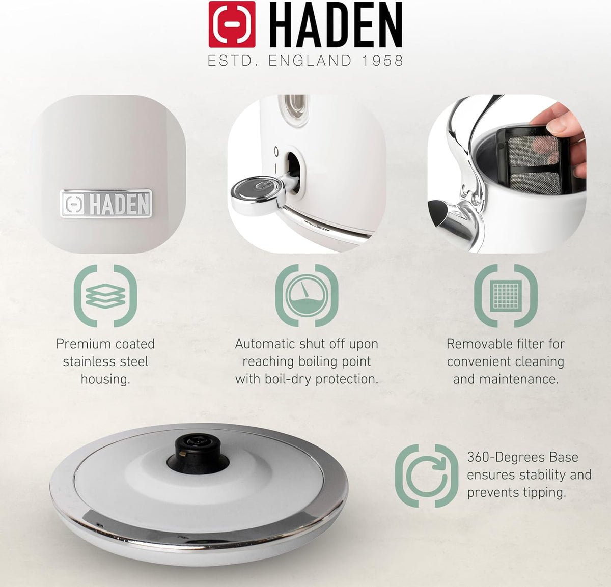 Haden Heritage 1.7 Liter Stainless Steel Electric Kettle, Hot Water Kettle with 360-Degree Base and Auto Shutoff, Ivory & Chrome