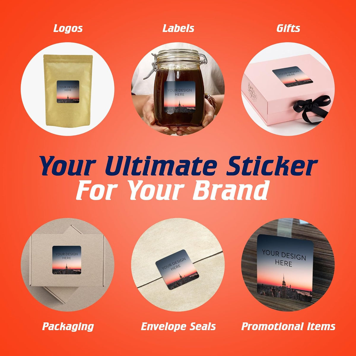 100 Custom Vinyl Stickers - Upload Your own Image, Text, Design, Logo - Personalized Logo Labels for Handmade, Packaging, Bottle, Jars, Candle, Brand Stickers (City, 4x4 Square)