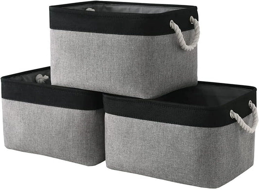 Organization and Storage Bins for Shelves - 16x12x8 inch Large 3 Pack Fabric Storage Cubes Collapsible Baskets for Shelves with Rope, Storage Basket for Organizing Cloth Laundry (Black & Grey)