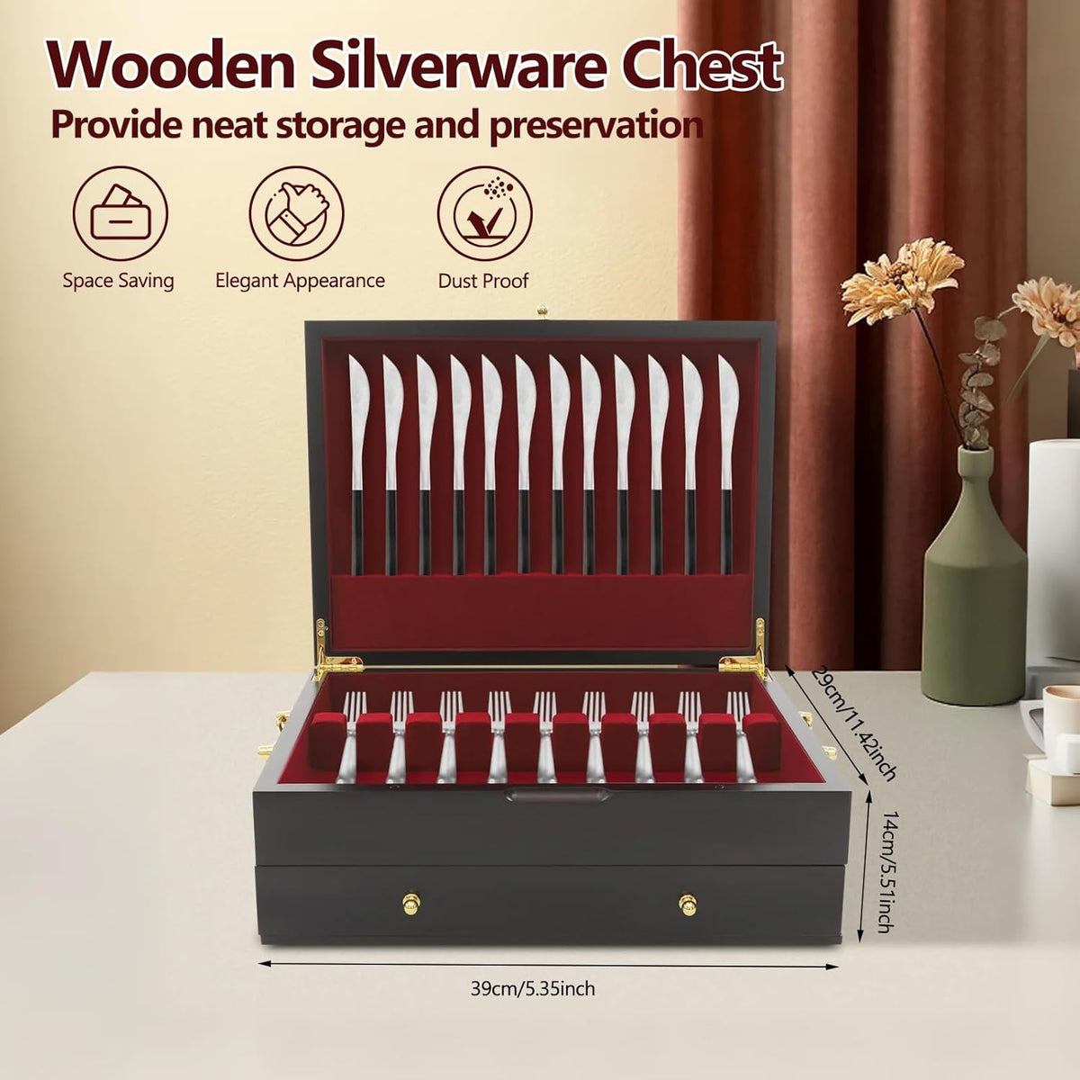 JOMCYDM Wooden Silverware Storage Box 2 Layers Silverware Chest Case with Drawer with Handle Lid Flatware Organizer for Kitchen Dining Room