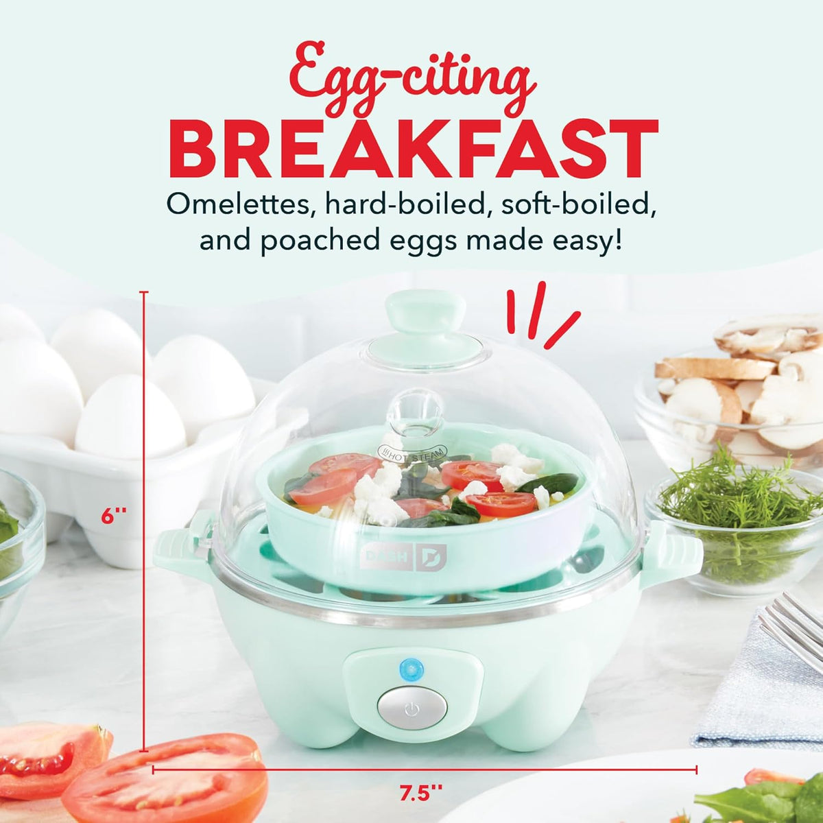 DASH Rapid Egg Cooker: 7 Egg Capacity Electric Egg Cooker for Hard Boiled Eggs, Poached Eggs, Scrambled Eggs, or Omelets with Auto Shut Off Feature - Aqua