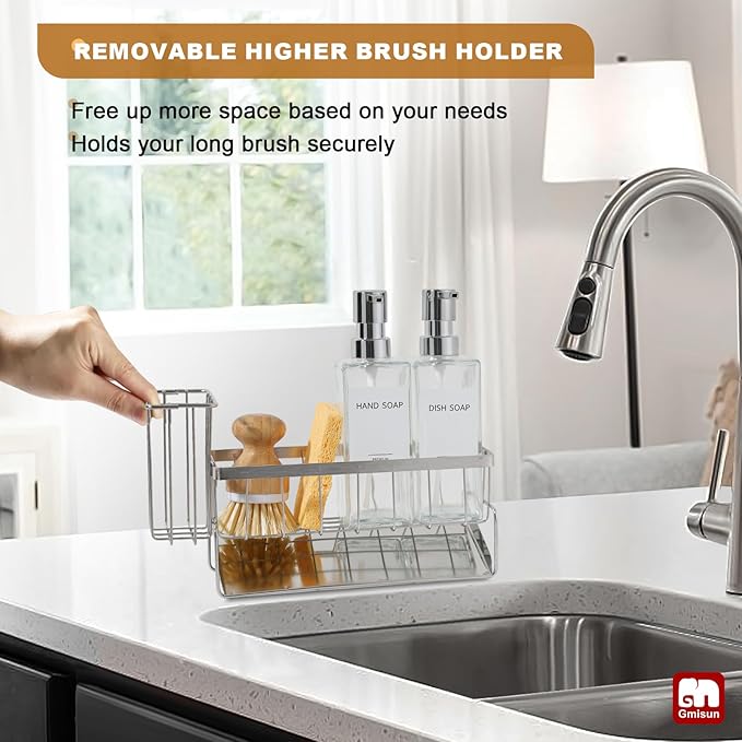 GMISUN Kitchen Soap Dispenser, 12 Fl oz/350ml Clear Dish Soap Dispenser with Silver Sponge Holder, Customized Glass Dish Soap Dispensers for Kitchen, Modern Hand and Dish Soap Dispensers Set Removable