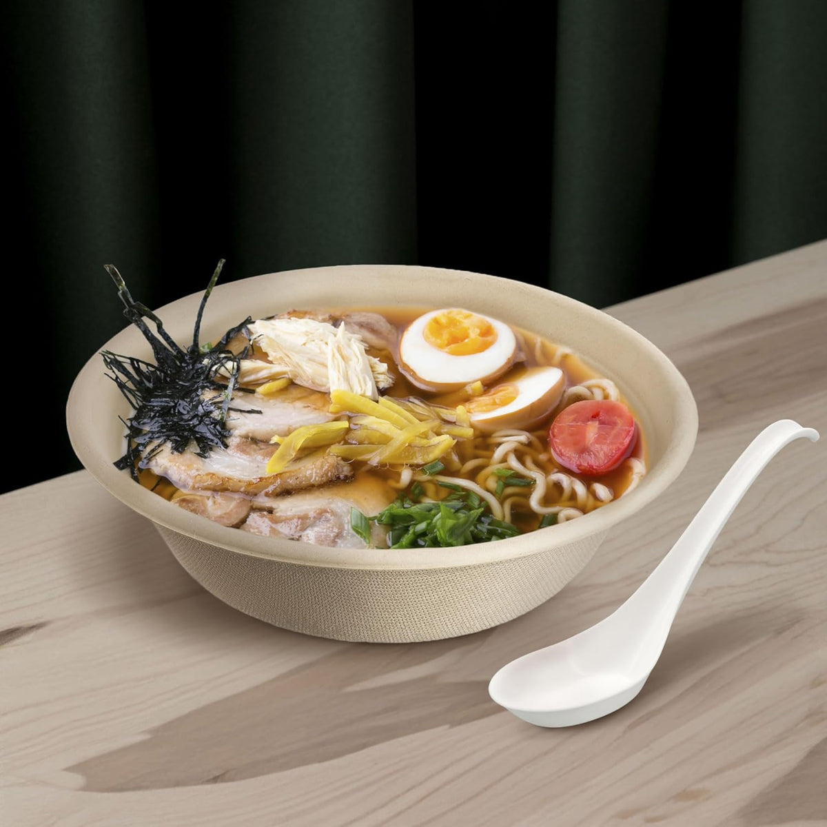 [600 COUNT] HAKOWARE Disposable Large Asian Soup Spoons with Hook, made from Crystalized Cornstarch, for Take-out Ramen Pho Noodles, Disposable Utensils Bulk Size Durable