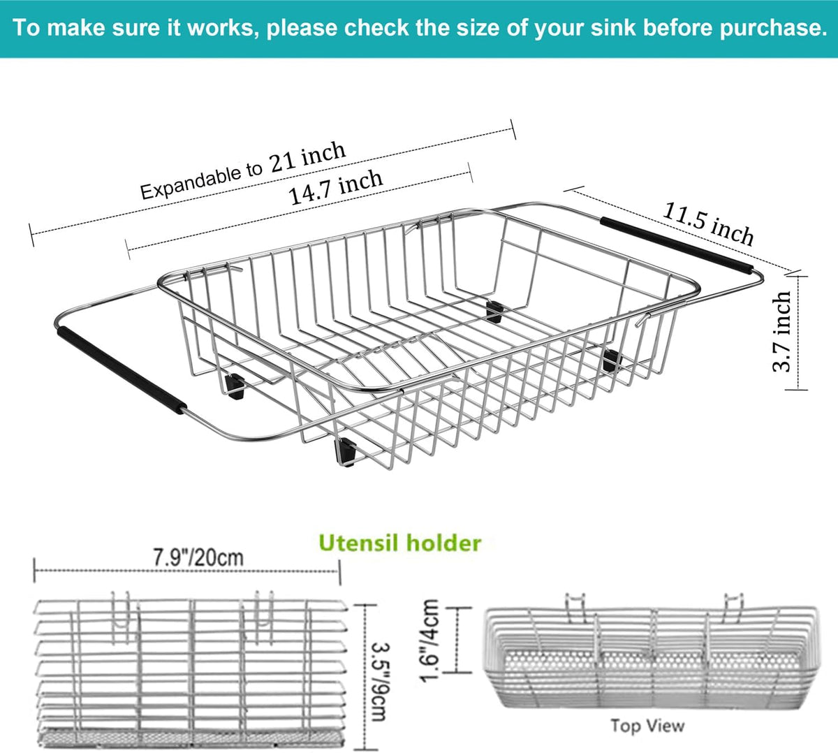 iPEGTOP Expandable Dish Drying Rack Organizer and Utensil Cutlery Holder, 304 Stainless Steel Over Sink Dish Rack, Dish Drainer in Sink or On Counter, Rustproof