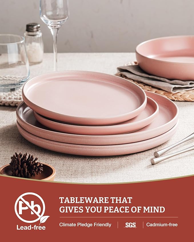 Famiware Milkyway Plates and Bowls Sets, 12 Pieces Dinnerware Sets, Reactive Glaze Dish Set, Stoneware Dishes Set for 4, Light Pink
