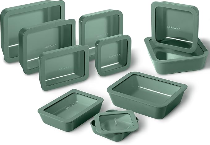 Ceramic Coated Glass Food Storage Containers | No PTFE, PFOA, PFAS, and BPA | Reusable Non Toxic Meal Prep Containers with Glass Lids | Easy To Store | 10 Piece Set [Pine]