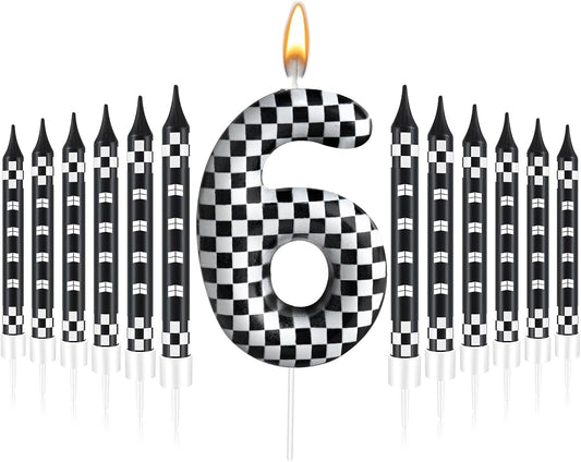 13 Pcs Racing Cars Themed Birthday Candles 12 Black and White Race Number 6 Checkered Candle Cake Topper for Racing Car Party Decoration Supplies (Number 6)