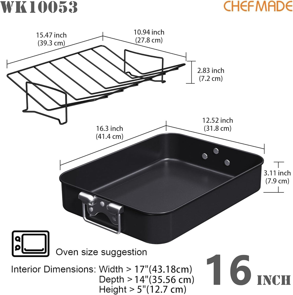 CHEFMADE Large Roasting Pan, 16-Inch Turkey Roasting Pan with V Rack, Nonstick Baking Pan for Lasagna Vegetable and Meat 16.3" x 12.52" x 3.11"