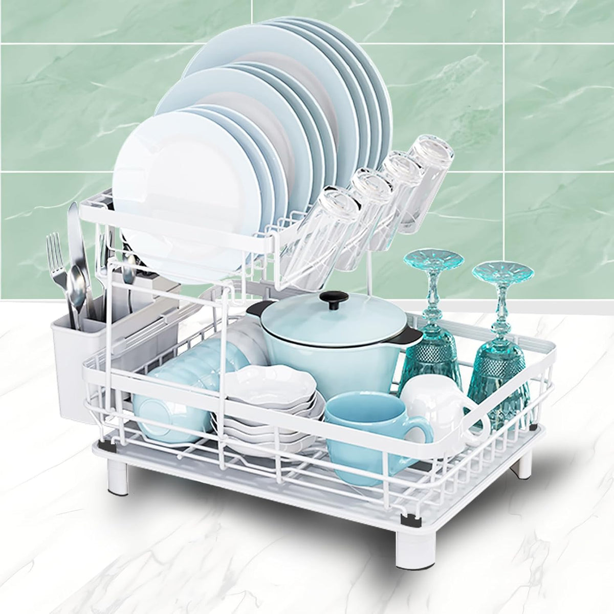 GAXmi Dish Drying Rack Over The Sink Drainer with Drainboard Utensil Holder Cup Holder, 2-Tier White