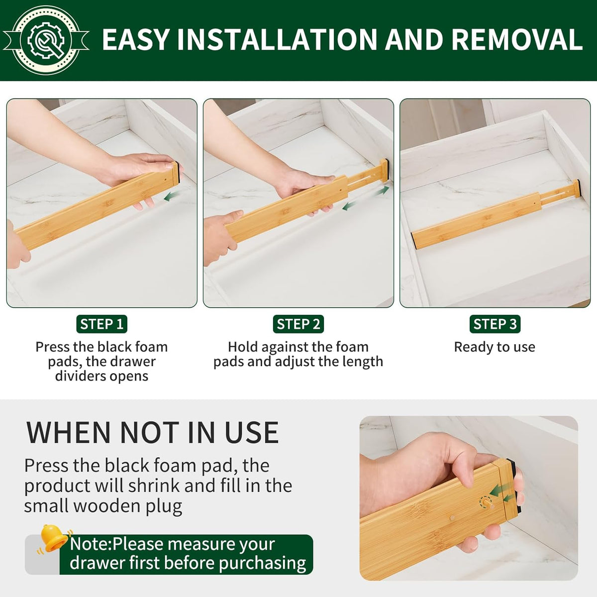 4 Pack Bamboo Drawer Dividers 2.6" High,17-22" Adjustable Spring Loaded Drawer Organizers for Kitchen, Dresser, Bathroom, Bedroom and Office