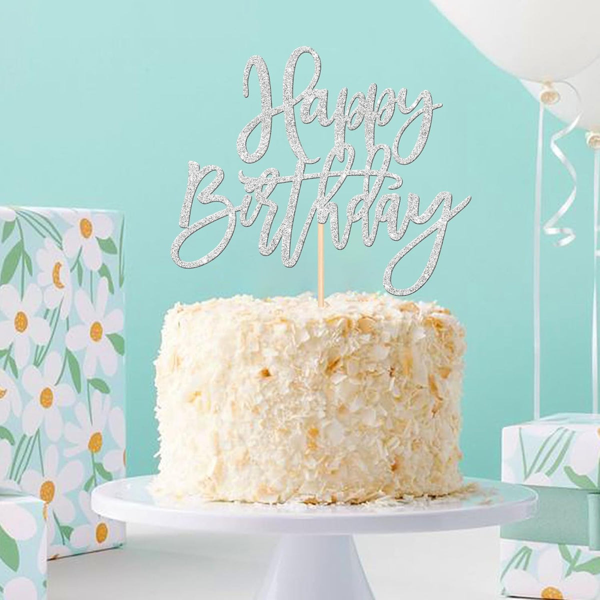 ZHUOWEISM 1 PCS Happy Birthday Cake Topper Glitter Happy Birthday Cake Pick for Celebrating Happy Birthday Anniversary Theme Party Cake Decorations Supplies Silver