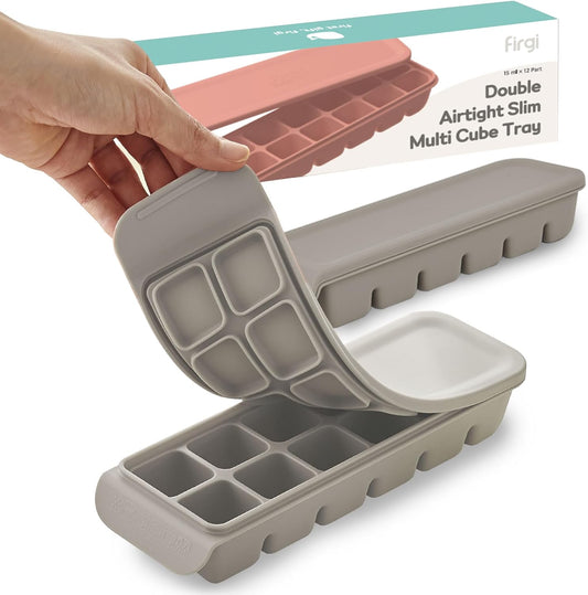 12 Section-0.5oz, Gray 100% Food Grade Silicone Ice Cube Tray Food Container with Airtight Locking Lid, Fruit Vegetable Purees, Breastmilk Storage for Baby & Toddler Food | BPA Free Korea Made