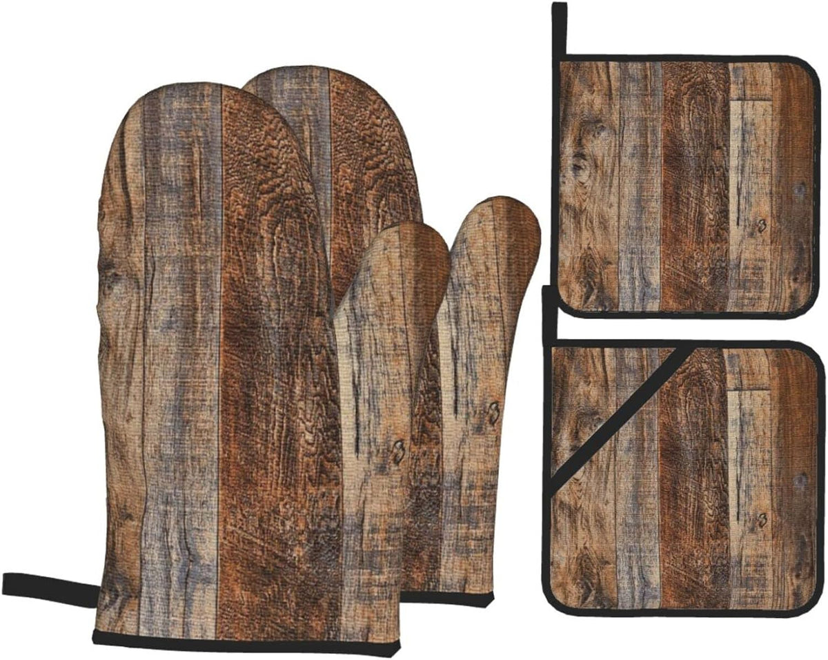 Oven Mitts and Pot Holders Sets of 4,Vintage Brown Wood Splicing Pattern,Oven Mitts Heat Resistant Oven Gloves Set Potholders for Kitchen Baking Grilling