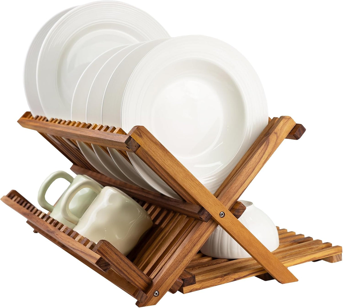 Utoplike Large Teak Dish Drying Rack, Wooden 3 Tier Collapsible Dish Draine for Countertop, Kitchen Organizer for Pasta Plates, Cups
