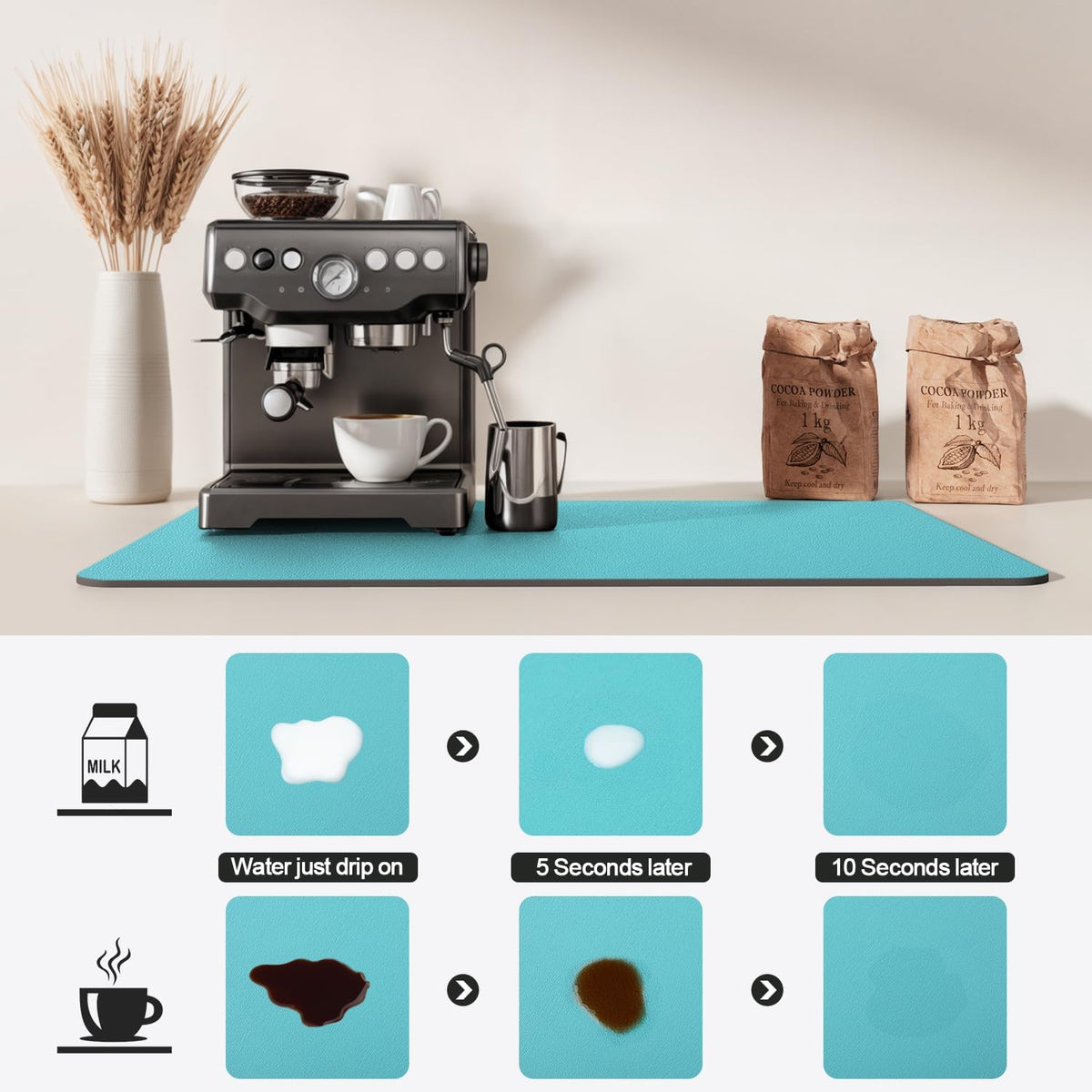 Dish Drying Mat for Kitchen Counter | Coffee Bar Mat for Countertops | Heat Resistant Drainer Mat with Non-slip Rubber Backed | Hide Stain Kitchen Absorbent Draining Mat | Turquoise 18"x28"
