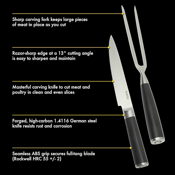 Babish 2-Piece Carving Knife and Fork Set – 8-Inch Stainless Steel Carving Knife with 6.5-Inch Fork – Precision Cutlery for Turkey, Roast, and Meat Carving – Ergonomic ABS Handles