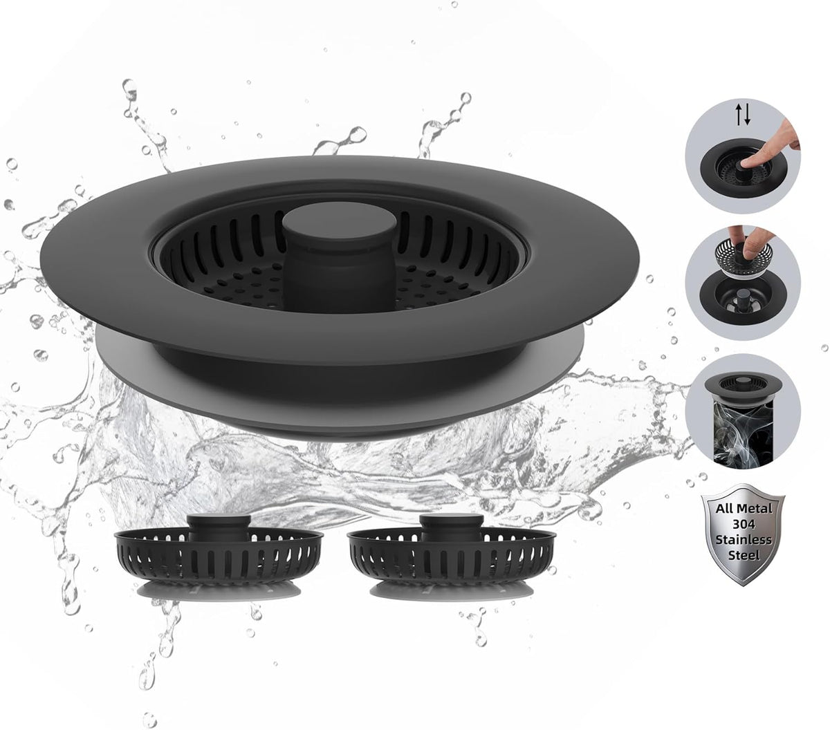 Hibbent All Metal Stainless Steel 3 in 1 Kitchen Sink Drain Strainer, Upgraded Sink Stop Combo, 3 Anti-Clogging Stainless Steel Baskets Strainer with Metal Handle for US Standard 3-1/2" Drain, Black