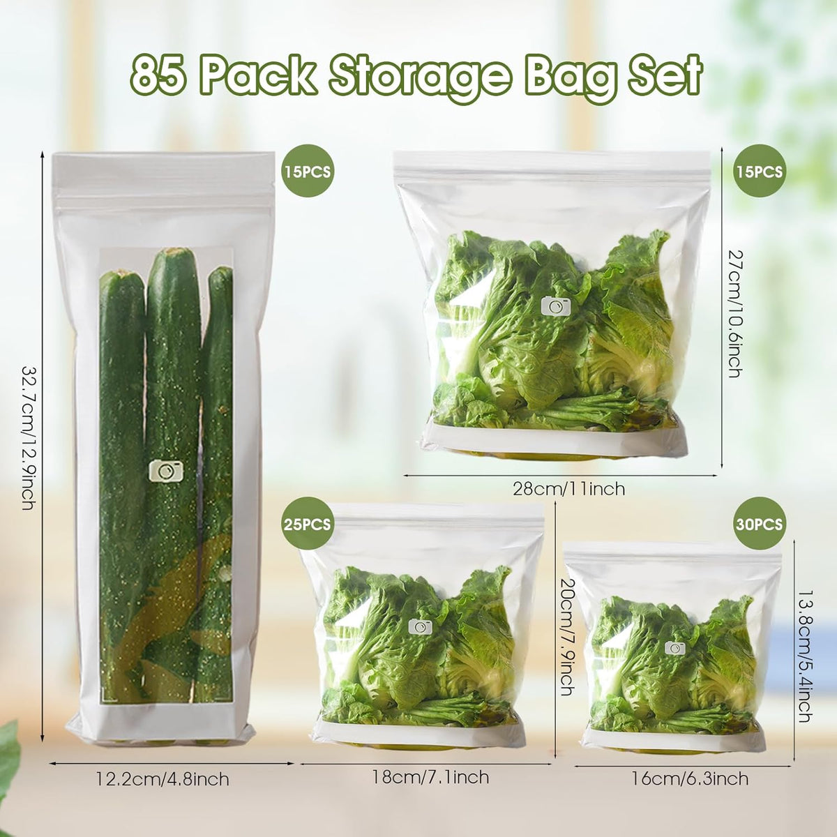 Reusable Freezer Bags 85PCS, Gallon Food Storage Bags with Stand & Label Leakproof Reusable Sandwich Bag for Kitchen, Vegetables, Snacks（Long style）