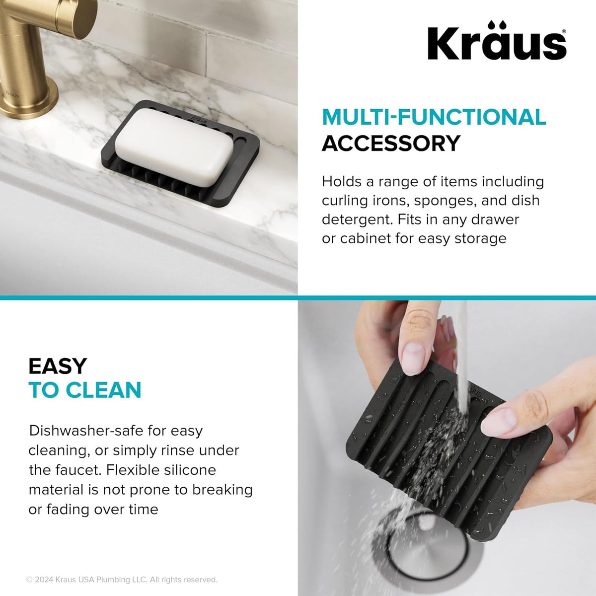 Kraus Self-Draining Silicone Dish Drying Mat and Silicone Soap Dish Holder for Bathroom or Kitchen Counter in Black, KDM-10-05BL