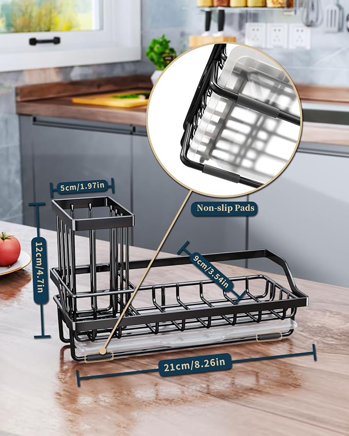 Consumest Sponge Holder for Kitchen Sink - Kitchen Sink Caddy Organizer with Removable Drip Tray for Countertop Dish Soap Dispenser Brush Storage Accessories 304 Stainless Steel - Black