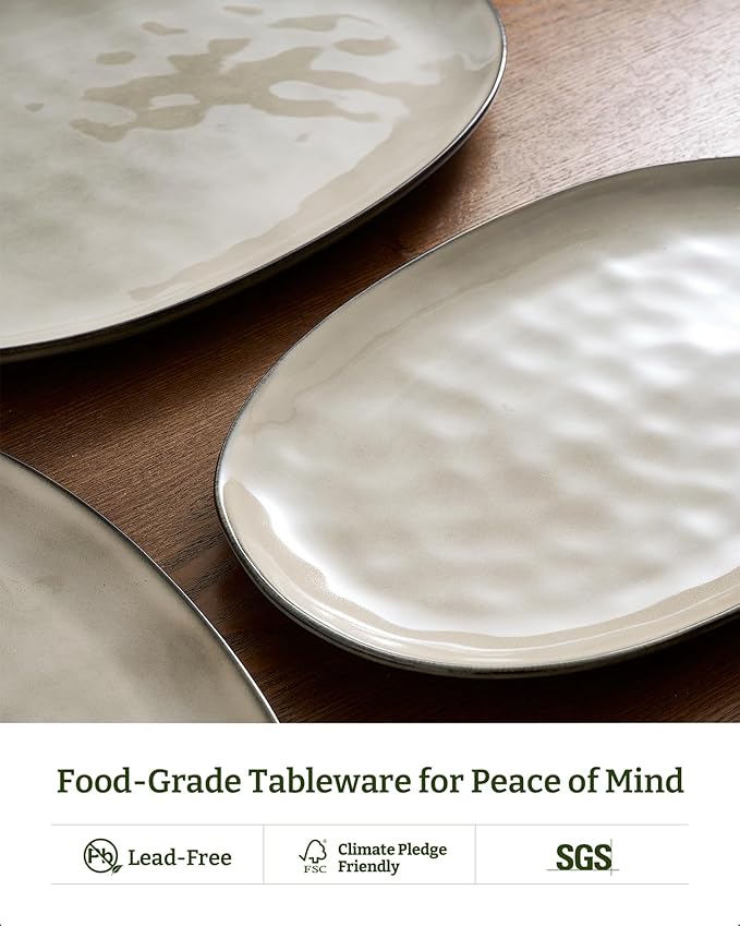famiware Serving Platter, Oval 15.59/14.3/12.9 inch Serving Dishes for Entertaining, Serving Bowls, Dishwasher Safe, Stonware Serving Trays for Party, Turkey, Cheese, Reactive Glaze, Light khaki