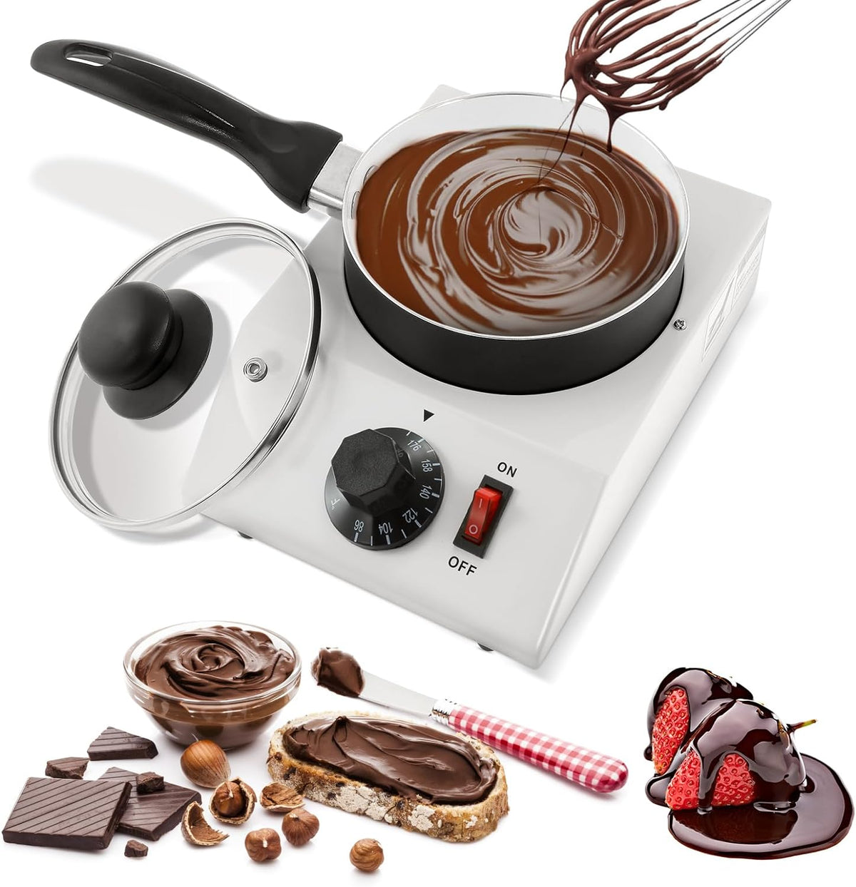 WICHEMI Chocolate Melting Pot Chocolate Tempering Machine Commercial Electric Chocolate Melter Fondue Pot for Chocolate, Butter, Cheese, Cream, Candy, Milk, Coffee, Desserts (Single Pot)