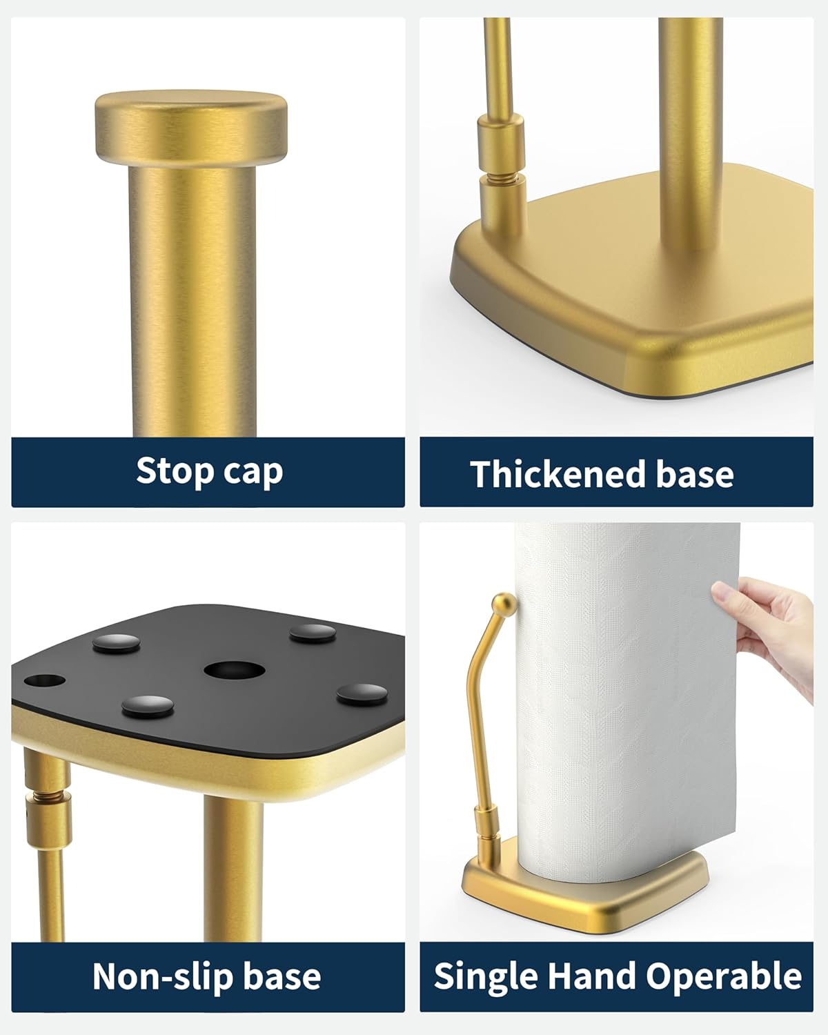 Paper Towel Holder Countertop Gold, Paper Towel Dispenser Standing Weighted Base Non-Slip, Spring Arm Fit Most Size Tissue Roll, Stainless Steel Paper Towel for Home Kitchen Tabletop