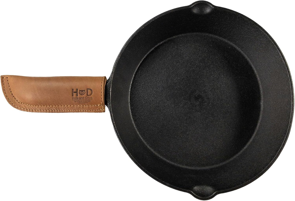 Hide & Drink, Hot Handle, Cast Iron Protector, Panhandle Potholder, Double Layered, Double Stitched, Slides On/Off Easily onto Metal Skillet Grips, Full Grain Leather, Handmade, Single Malt Mahogany