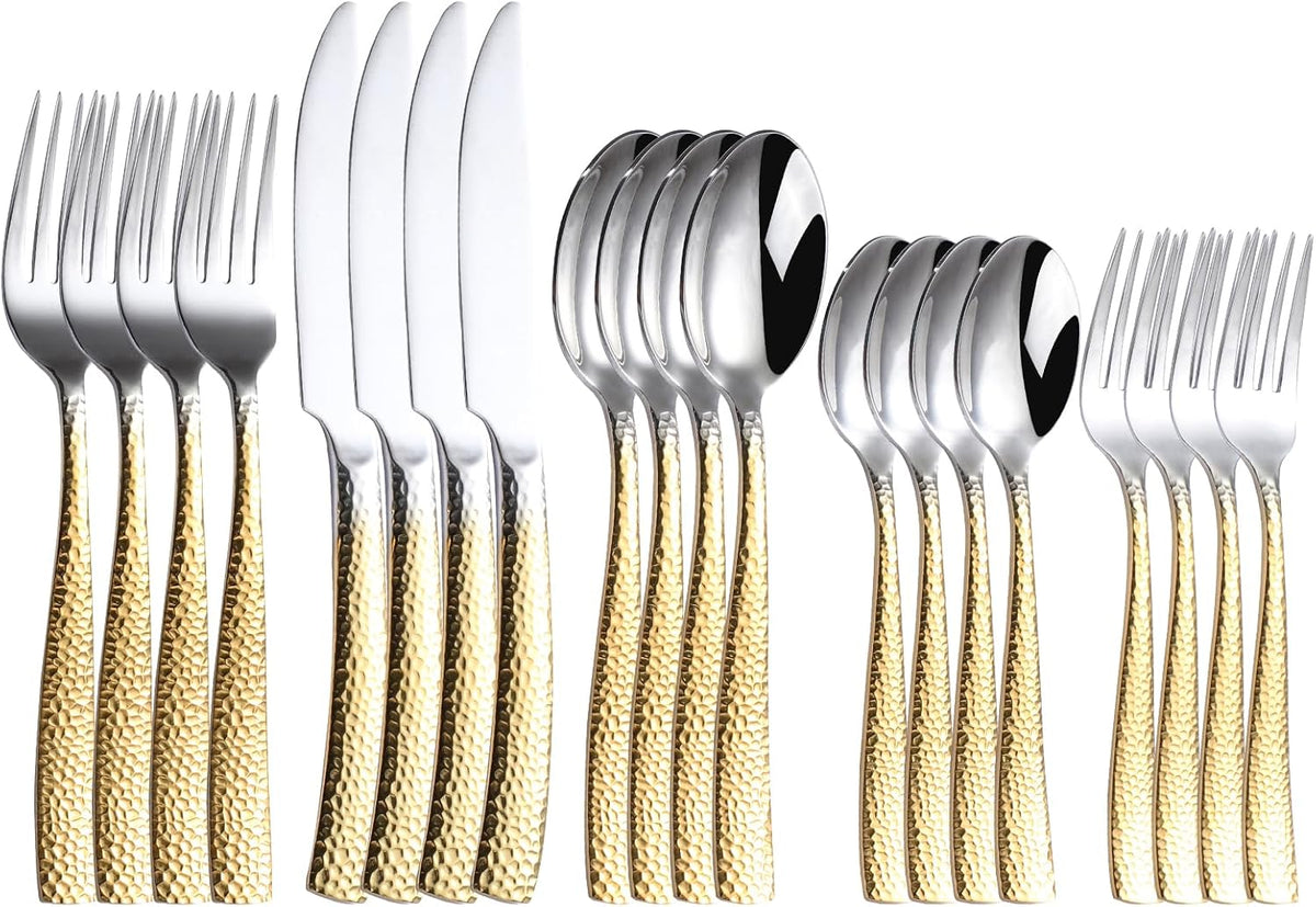 Hammered Silverware Set For 4,Forks and Spoons 18/10 Stainless Steel Heavy Duty Silverware Gold Cutlery Set 20 Piece Flatware Set,Mirror Polished,Dishwasher Safe (20 pcs gold)