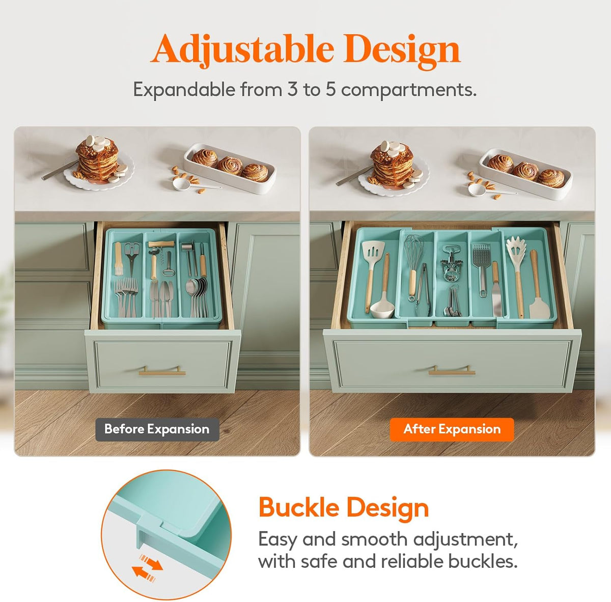 Lifewit Utensil Organizer for Kitchen Drawers, Expandable Cooking Utensil Tray, Adjustable Cutlery Silverware Flatware Holder, Plastic Spatula Tools and Gadgets Storage Divider, Large, Turquoise