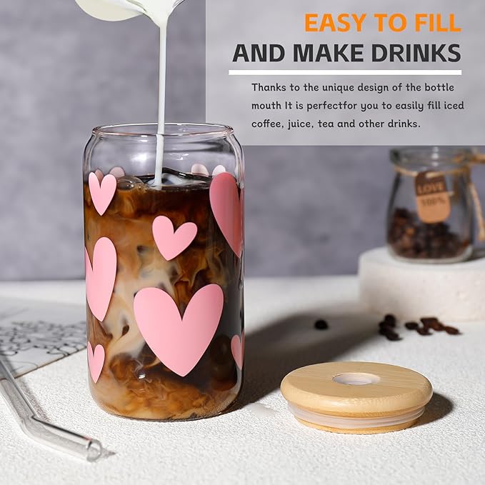 DWTS DANWEITESI Glass Cups with Lids and Straws with Design Pink Hearts 4 pcs,Clear Glass Cups 16 oz-Glass Tumbler,Cute Glass Iced Coffee Cups with Lids and Straws