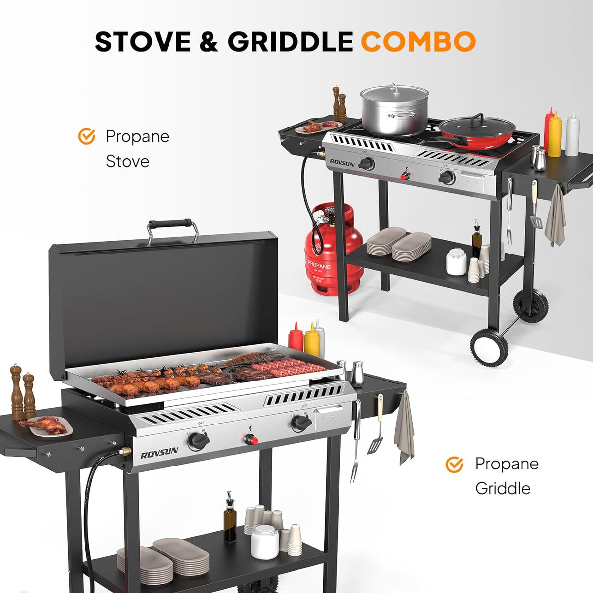 ROVSUN 2 Burner Outdoor Propane Gas Stove with Auto-ignition, Regulator & Shelf, 150,000 BTU Powerful Stand Cooker for Backyard Patio Cooking Home Brewing Canning Turkey Frying